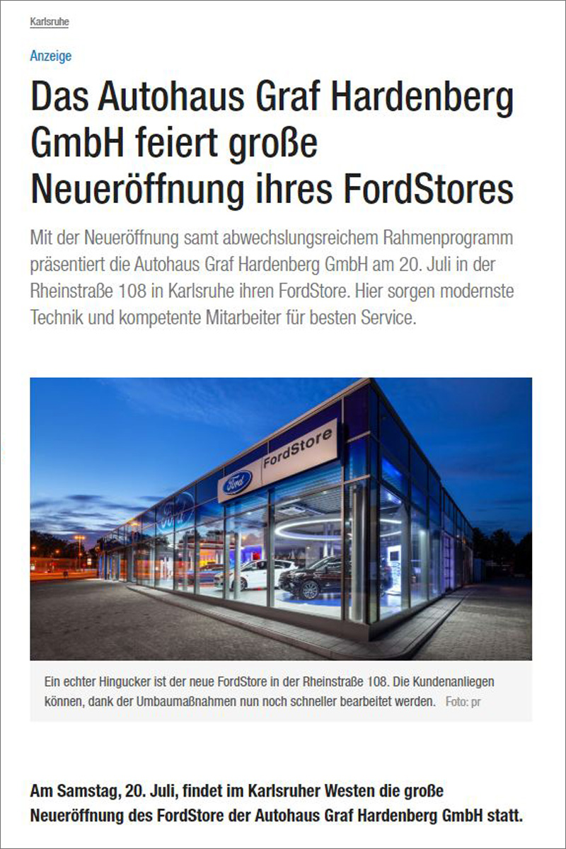 Beispiel Native Advertising auf www.bnn.de - Neueröffnung FordStore